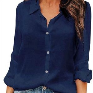 Navy Button down long sleeve chiffon blouse.